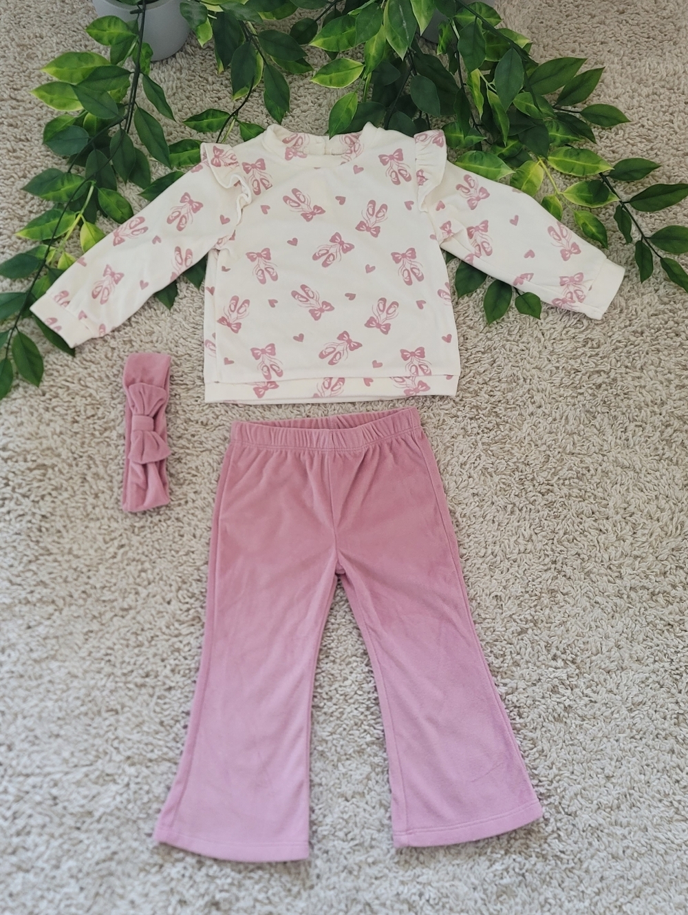 Baby Girl Ballet Flats, Bows, & Hearts Outfit + Headband (12-18 Months)
